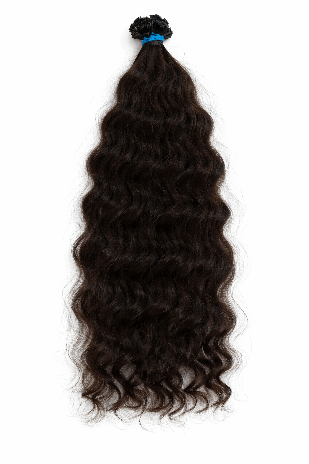 Virgin Echthaar Bondings Dunkelbraun 60 cm mit welligen Locken in dunkler Farbe.