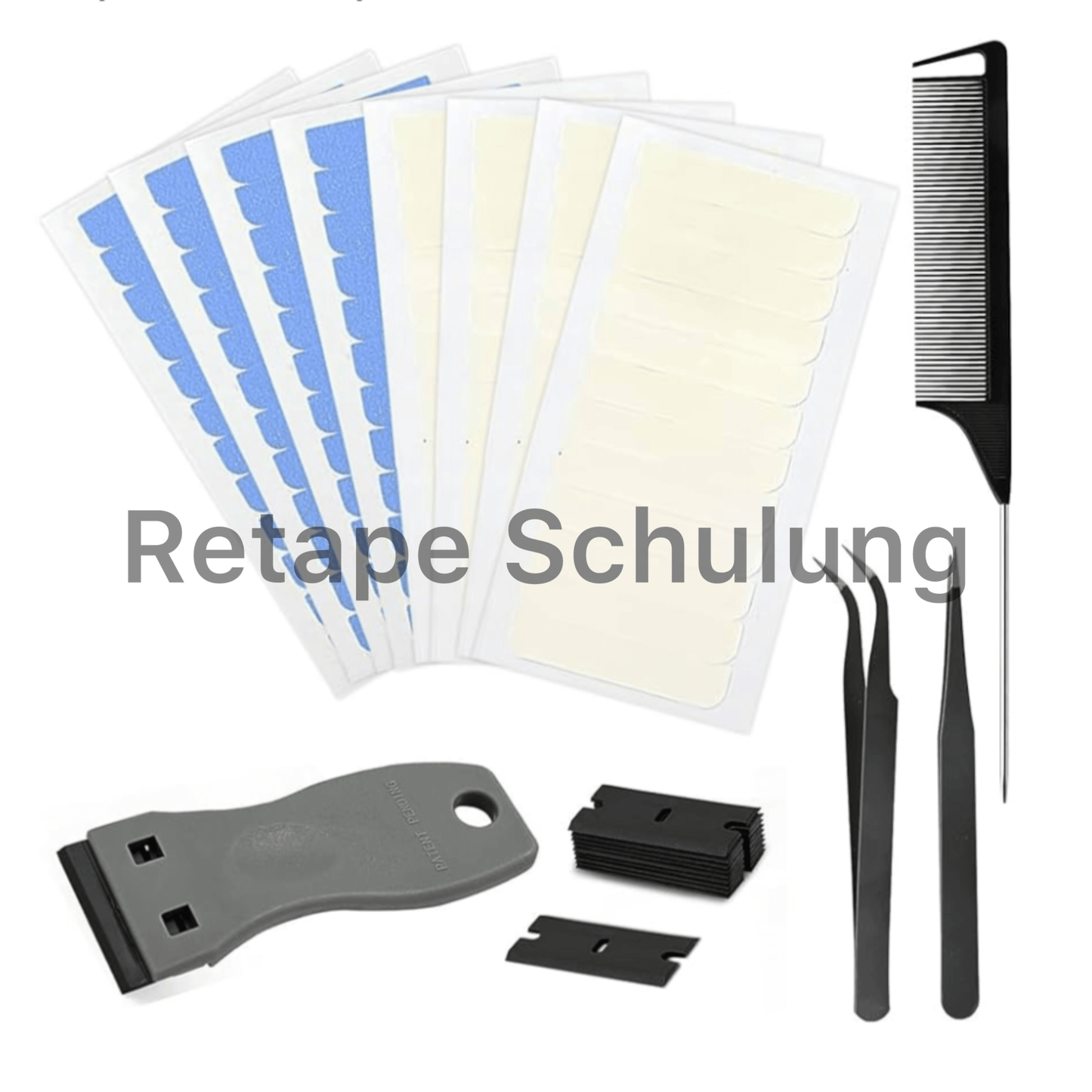 TAPES Einzel Intensiv Schulung Materialien, einschließlich Tape-Extensions, Kamm und Werkzeuge für Friseure.