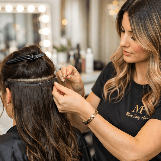 Friseurin arbeitet Echthaar-Tressen (Wefts) zur Haarverlängerung im Salon Miss Faty Hair ein