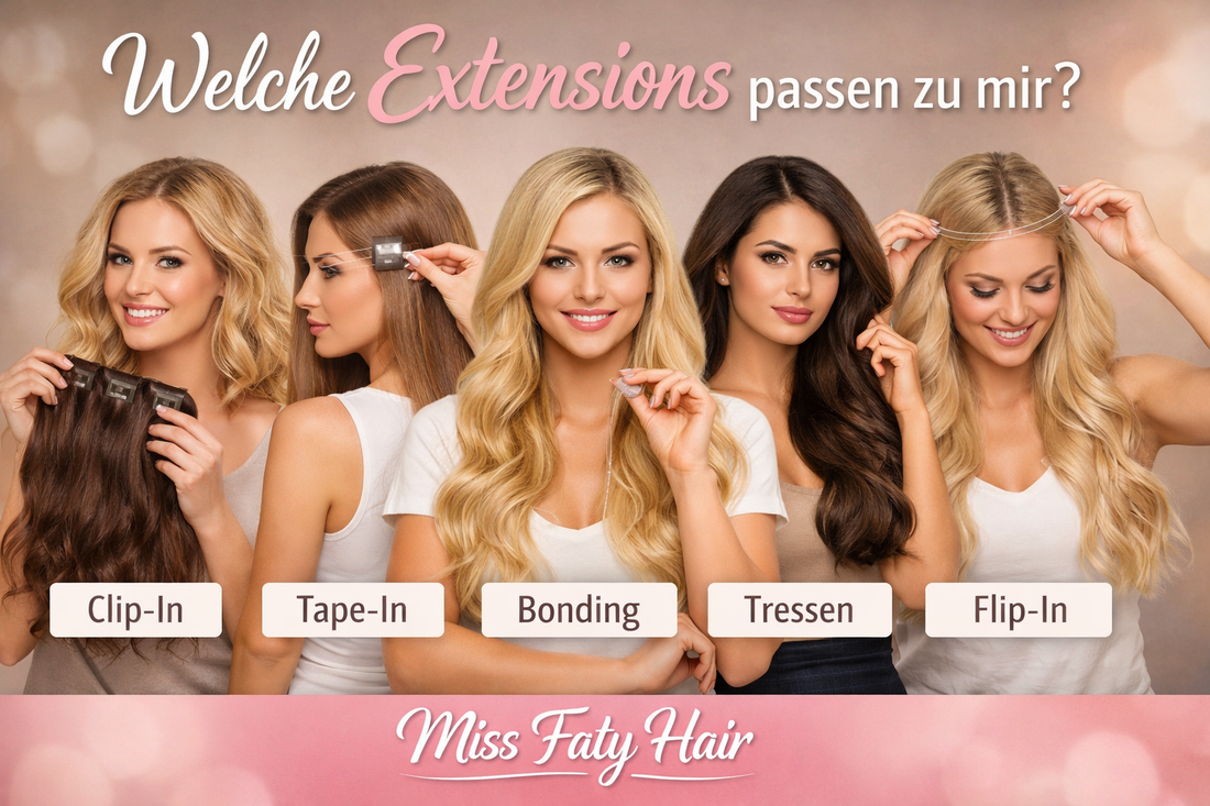 Banner von Miss Faty Hair mit fünf Frauen und verschiedenen Haarverlängerungs-Methoden: Clip-In, Tape-In, Bonding, Tressen und Flip-In Extensions.