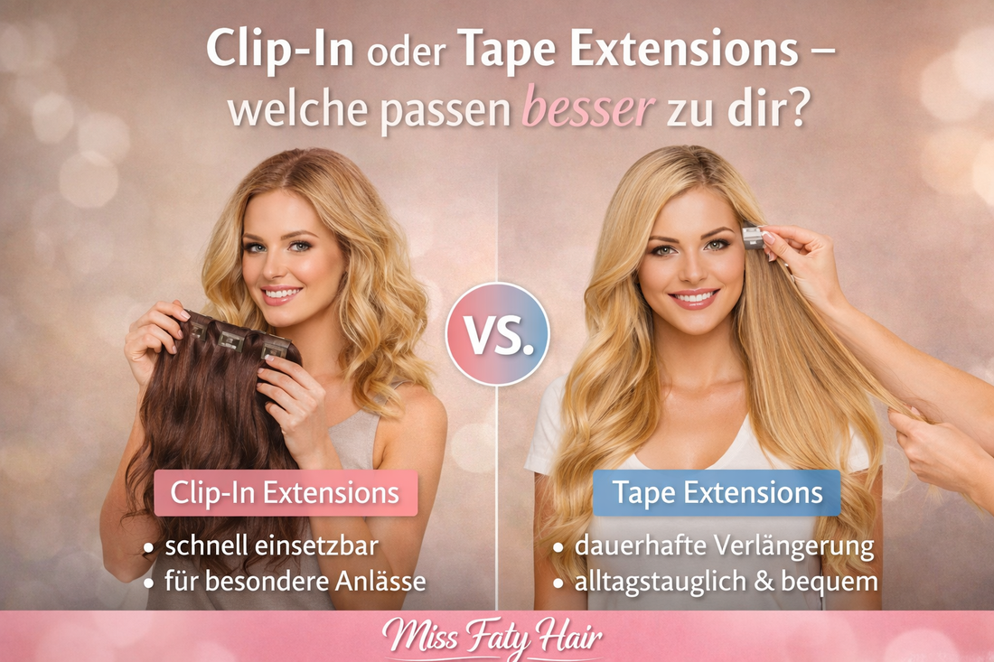 Vergleichsbild von Miss Faty Hair zu Clip-In oder Tape Extensions mit zwei Frauen und den Vorteilen beider Methoden.