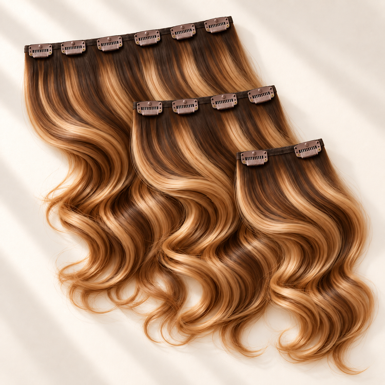 Dreiteiliges Clip-in-Extensions-Set mit 6, 4 und 3 Clips in Braun mit blonden Balayage-Strähnen und weichen Wellen auf cremefarbenem Hintergrund.