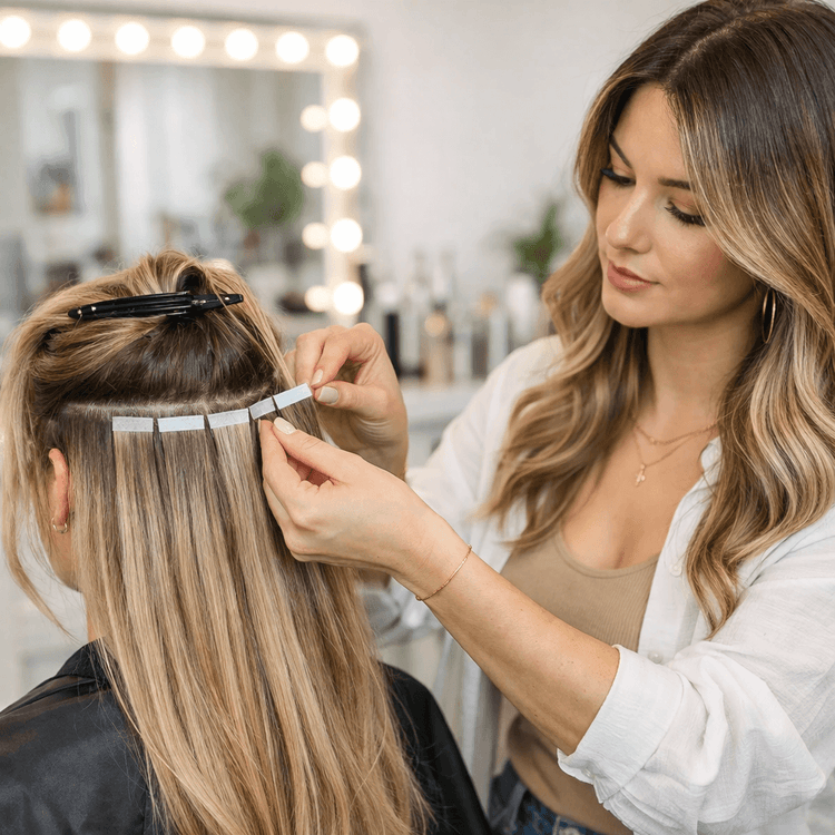 Friseurin bei Miss Faty Hair setzt blonde Tape-in-Extensions bei einer Kundin ein – professionelle Haarverlängerung im modernen Salon