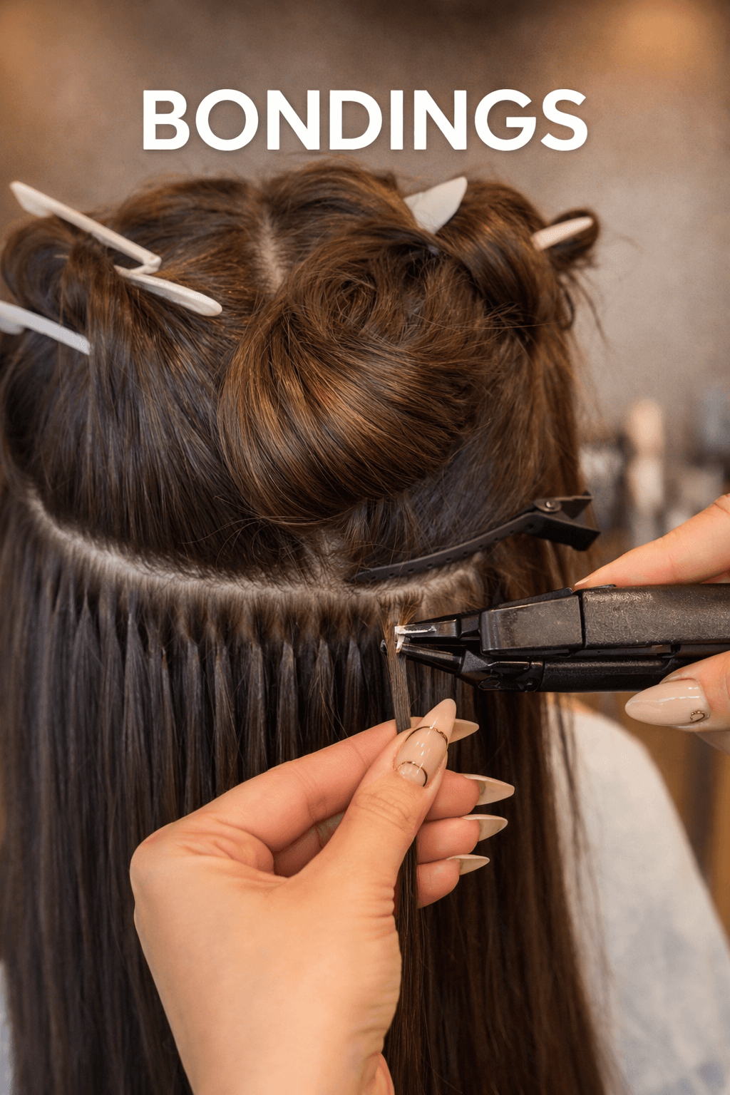 Friseurin bei Miss Faty Hair bringt Keratin-Bondings als Haarverlängerung an einer blonden Kundin im Salon an.