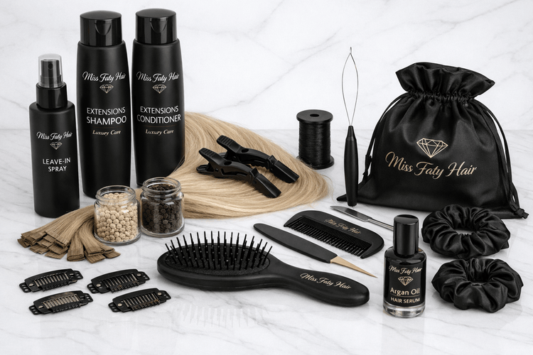 Miss Faty Hair Zubehör & Pflege – Extensions-Shampoo, Conditioner, Leave-in, Arganöl, Bürsten, Clips, Ringe und Tools dekorativ auf Marmorfläche arrangiert.