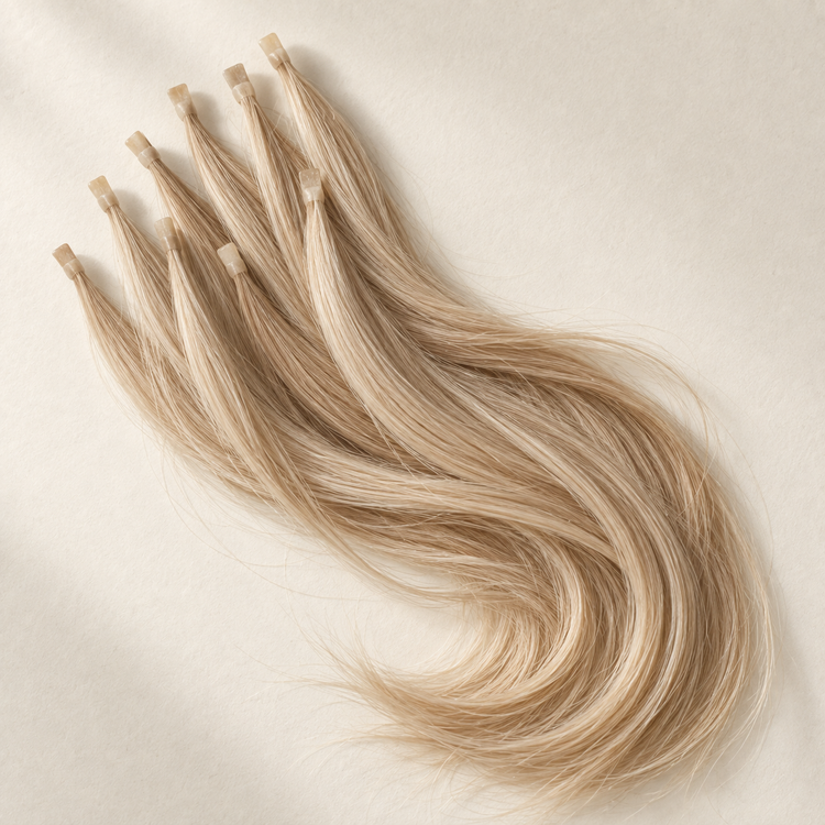 Champagnerblonde Keratin-Bonding-Extensions mit sanften Wellen auf cremefarbenem Hintergrund.