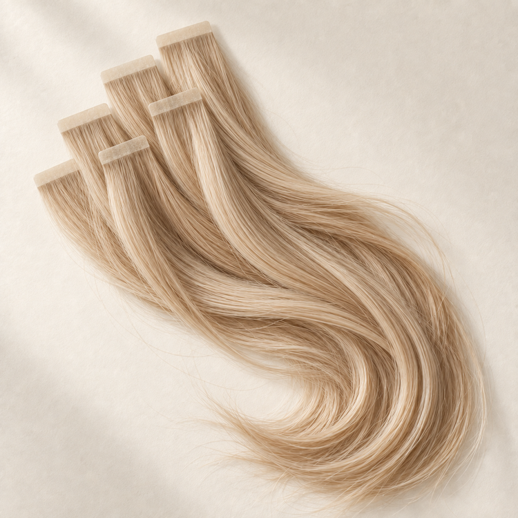 Champagnerblonde Tape-in-Extensions mit flachen Klebestreifen und sanften Wellen auf cremefarbenem Hintergrund.
