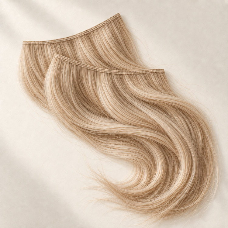 Champagnerblonde Tressen / Weft-Extensions mit feiner Naht und sanften Wellen auf cremefarbenem Hintergrund.