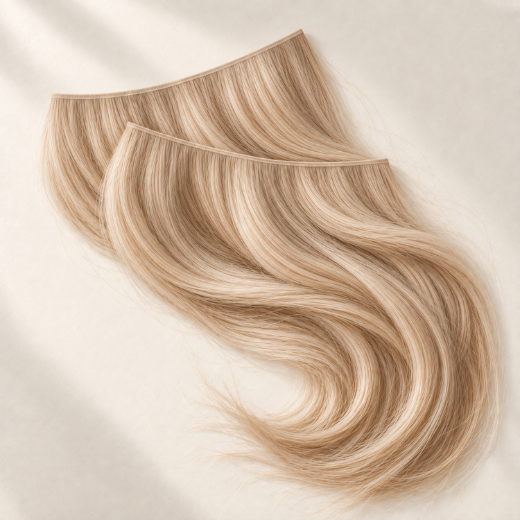 Champagnerblonde Genius-Tressen mit besonders flachem Ansatz und sanften Wellen auf cremefarbenem Hintergrund.