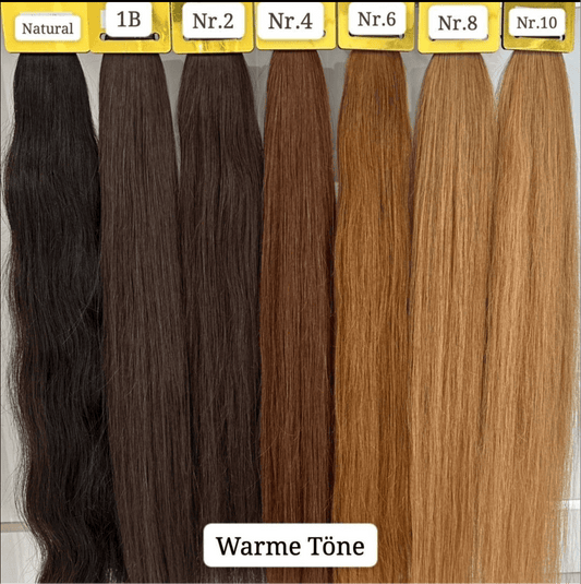 Various Haarfarben mit warmen Tönen, einschließlich Nr. 1B, 2, 4, 6, 8 und 10.