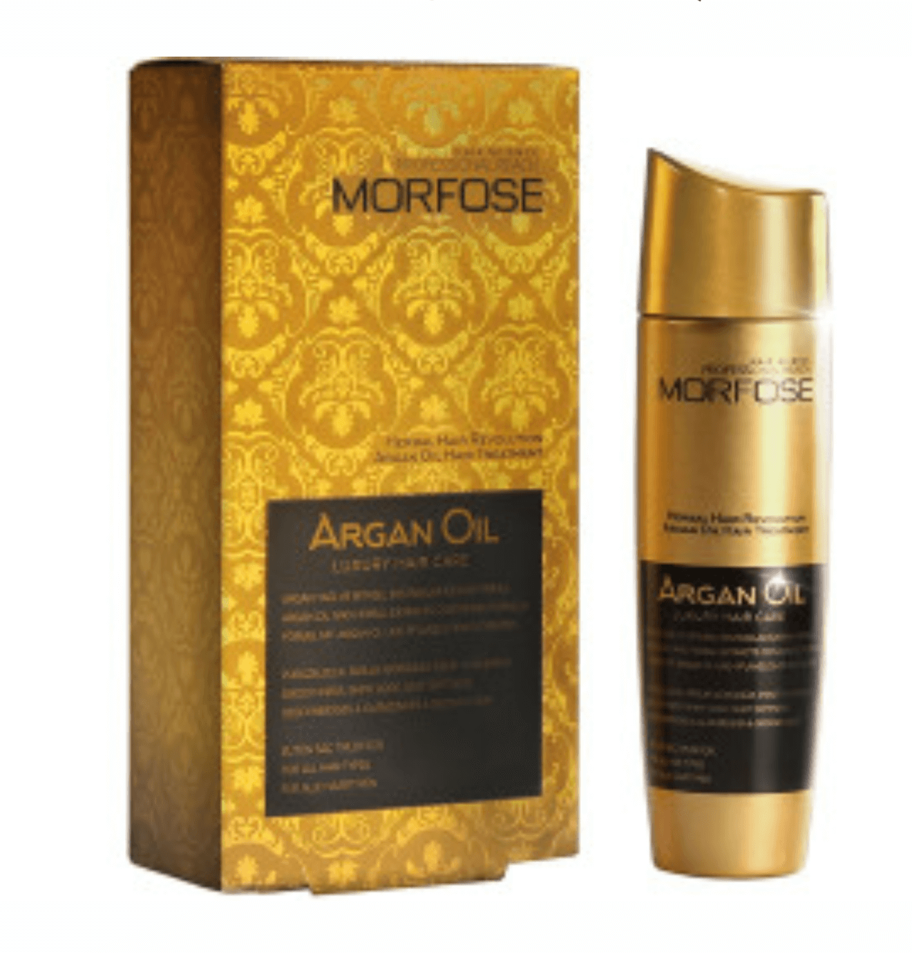 Mofrose Argan Öl Pflegeöl für Echthaar in goldener Verpackung und Flasche.