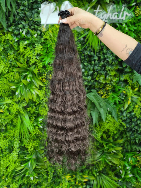 Virgin Echthaar Bondings in Dunkelbraun, natürlich wellig, ca. 85 cm und 169 g, Limited Edition von Miss Faty Hair.