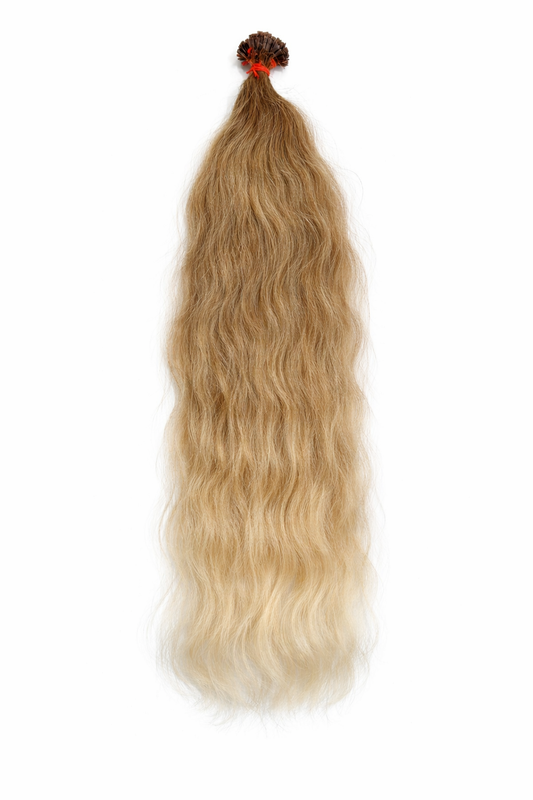 Virgin Echthaar Bondings in Dunkelblond Beigeblond mit hellen Spitzen, natürlich wellig, ca. 73 cm und 120 g, Limited Edition von Miss Faty Hair.