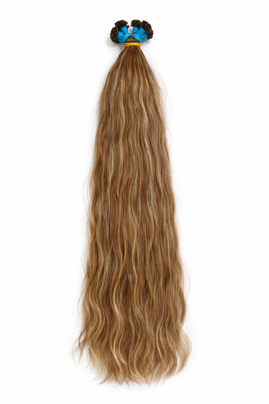 Virgin Echthaar Bondings in Dunkelblond Honigblond mit feinen Highlights, natürlich wellig, ca. 60 cm und 226 g, Limited Edition von Miss Faty Hair.