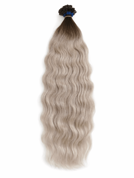 Virgin Echthaar Bondings hellblond 75 cm mit dunklem Ansatz, wellige Haarverlängerung von Miss Faty Hair.