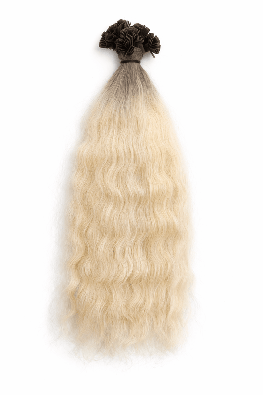 Ombre Blond-Asch Echthaar Extensions 50 cm mit welligem Struktur und dunklem Ansatz von Miss Faty Hair.