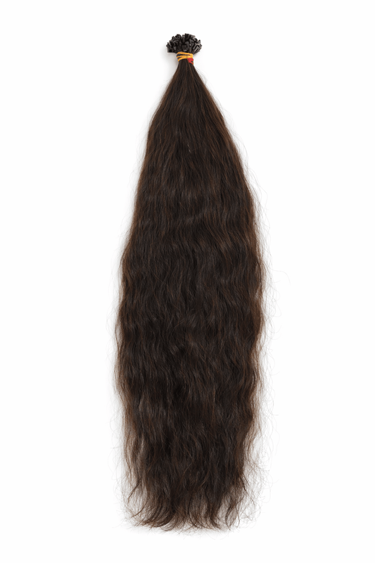 Virgin Echthaar Bonding Extensions Braun, 74 cm lang, 169 g schwer, natürliches Aussehen und weiche Struktur.