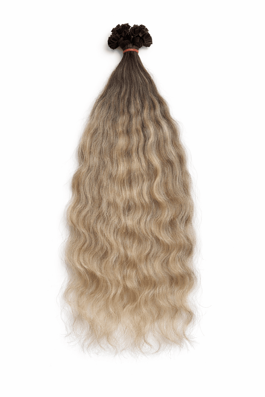 Virgin Echthaar Bonding Extensions Blond-Asch 50 cm mit weicher Wellenstruktur und elegantem Farbspiel.