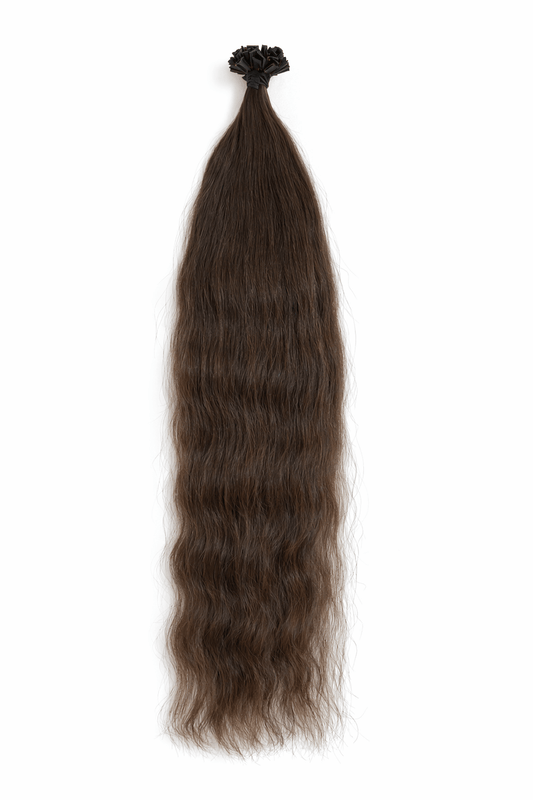 Virgin Echthaar Bonding Extensions Braun 55 cm 63 g, wellige Haarsträhnen für volumetrisches Styling.