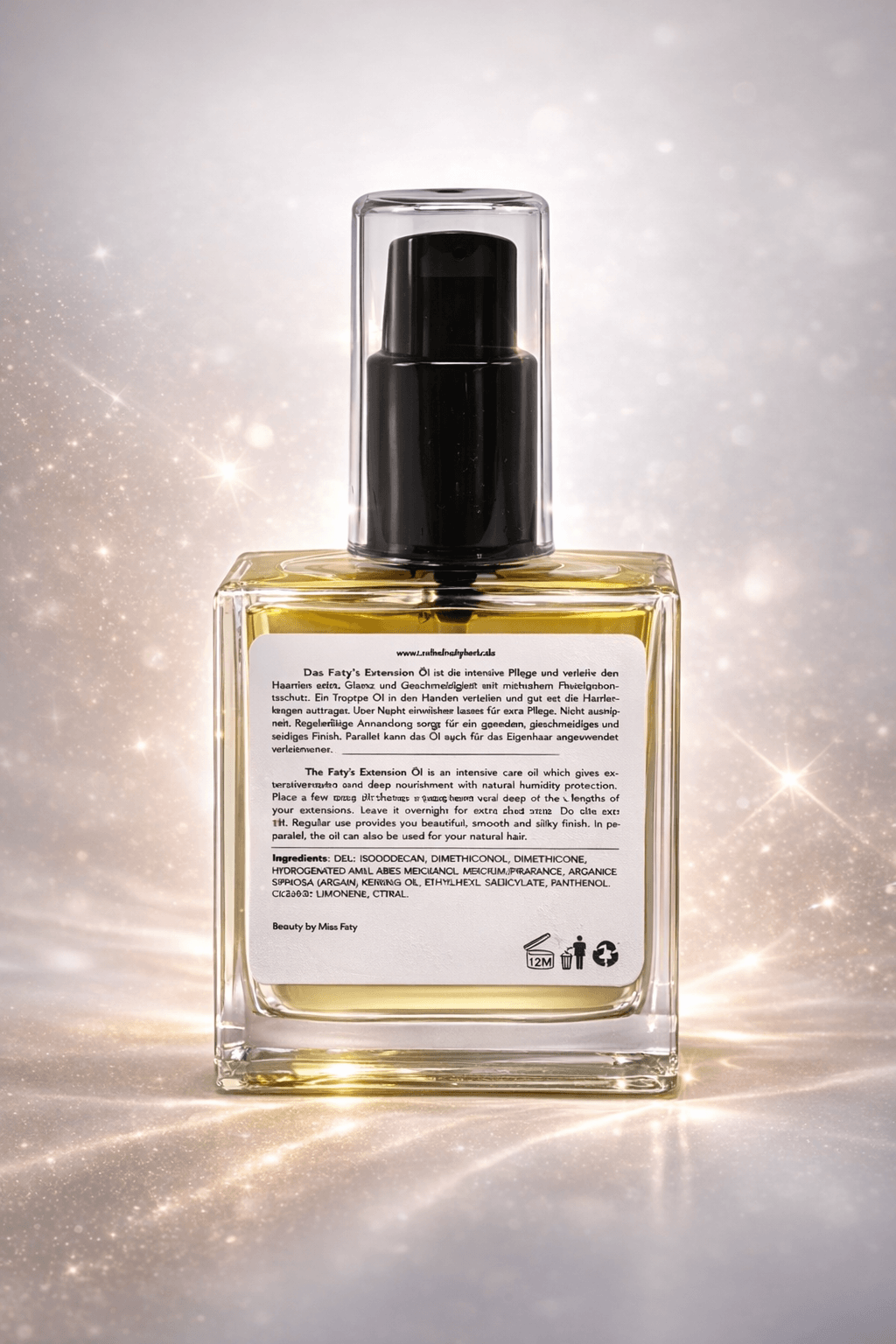 Hair Extensions Öl mit Arganöl & Keratin 50 ml in einer eleganten Flasche auf funkelndem Hintergrund.