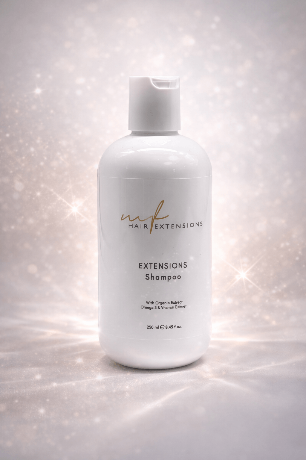 Hair Extensions Shampoo für Echthaar, 250 ml Flasche mit glanzvollem Hintergrund