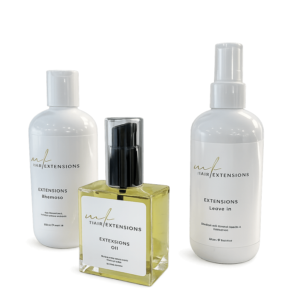 Extensions Pflege Set mit Shampoo, Leave-In Pflege und Argan Oil für Echthaar Extensions von Miss Faty Hair.