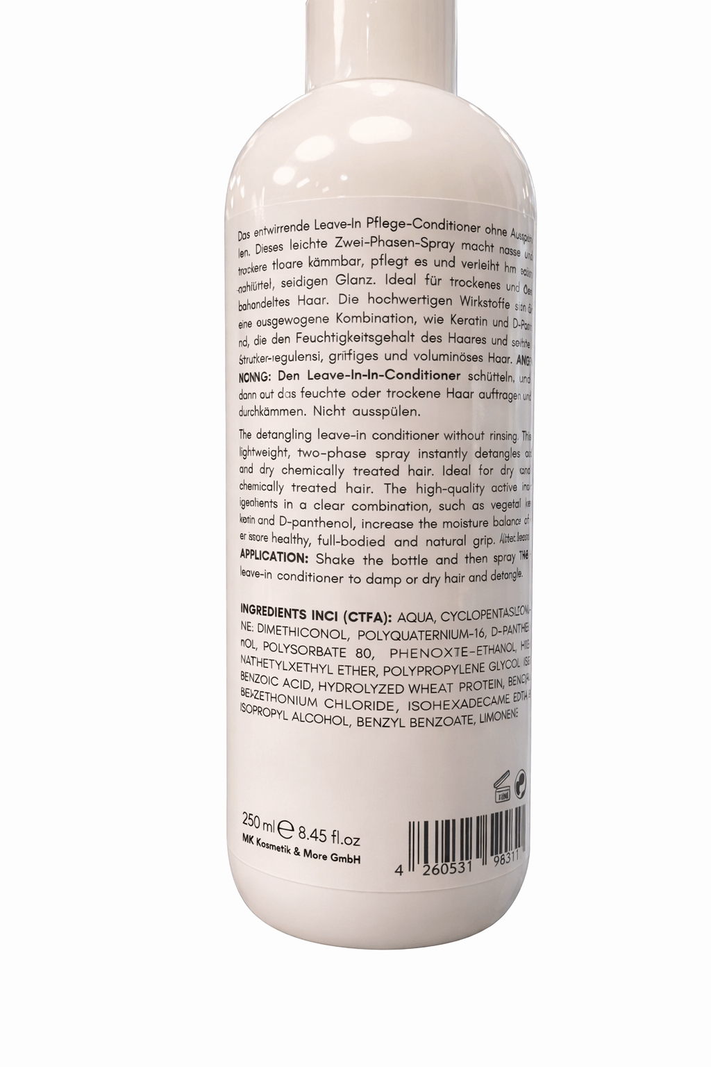 Extensions Leave-In Conditioner für Echthaar Extensions 250 ml mit wichtigen Inhaltsstoffen auf der Rückseite.