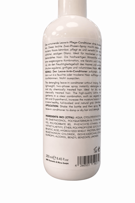 Extensions Leave-In Conditioner für Echthaar Extensions 250 ml mit wichtigen Inhaltsstoffen auf der Rückseite.