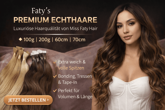 Faty's Premium Echthaare – luxuriöse Echthaare für Haarverlängerung von Miss Faty Hair, erhältlich in 100g, 200g, 60cm, 70cm.
