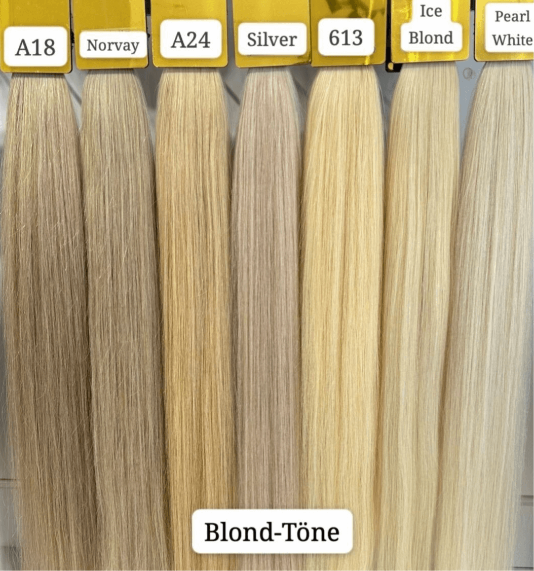 Blond-Töne Auswahl mit verschiedenen Farbtönen wie A18, Norvay, A24, Silver, 613, Ice Blond und Pearl White.